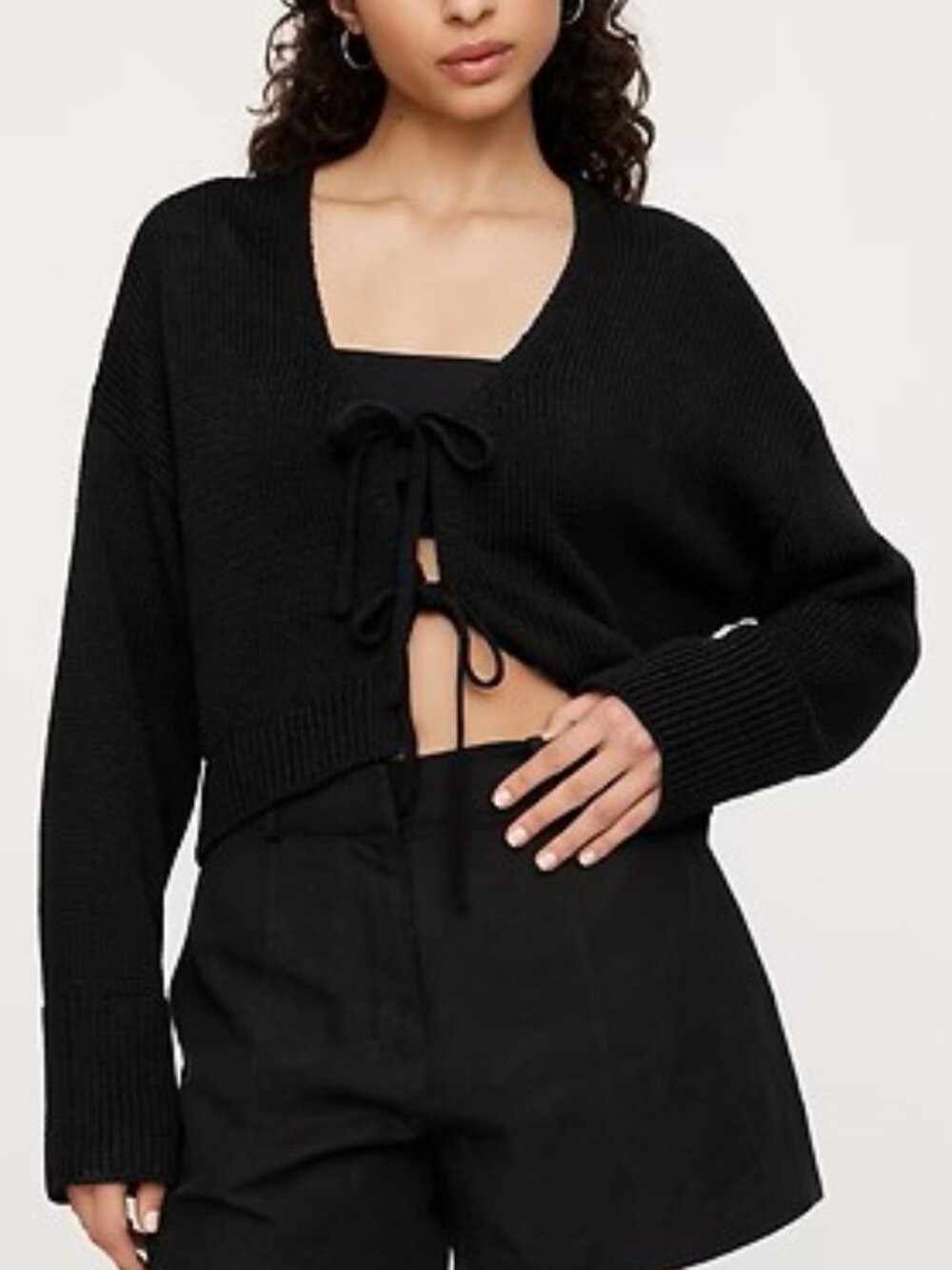 NWT Banana Republic Black Relaxed Cotton Tie-Front Cardigan Sweater Large